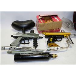 BAG WITH 2 PAINTBALL GUNS,HOPPERS,CO2 BOTTLE &