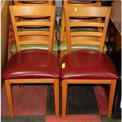 2 OAK CHAIRS WITH RED COLOURED SEATS
