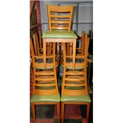 SET OF 10 OAK CHAIRS W/ LIME COLOURED SEATS