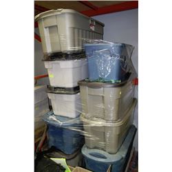 LARGE PALLET OF PLASTIC BINS FULL OF HOUSEHOLD