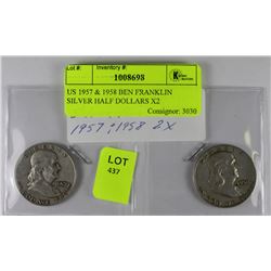 US 1957 & 1958 BEN FRANKLIN SILVER HALF DOLLARS X2