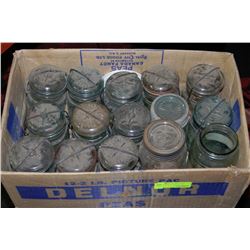 BOX OF 12 ASSORTED VINTAGE BLUE GLASS CANNING JARS