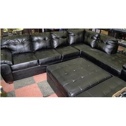 LARGE BLACK LEATHERETTE SECTIONAL WITH OTTOMAN