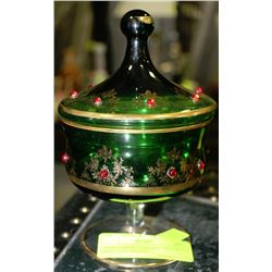 LIDDED GREEN TRINKET DISH WITH GOLD LEAF DESIGN