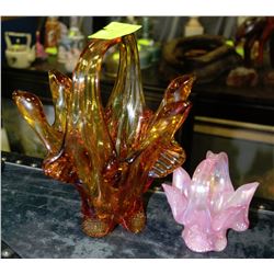 LARGE AMBER ART GLASS BASKET & SMALL PINK ART