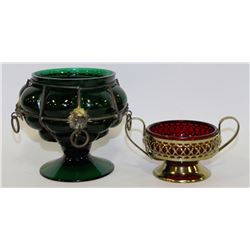 FLAT WITH ANTIQUE EMERALD GREEN BUBBLE GLASS DISH