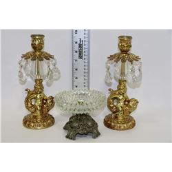2 VINTAGE CHERUB ON FISH BRONZE & CRYSTAL CANDLE