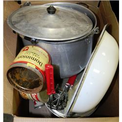 BOX WITH ALUMINUM STOCK POT,TIN CAN AND VINTAGE
