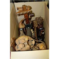 BOX OF ESTATE WOOD CARVED ORNAMENTS