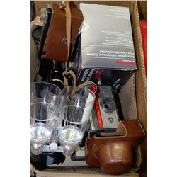 BOX WITH VINTAGE CAMERAS INCLUDING MOVIE CAMERA,