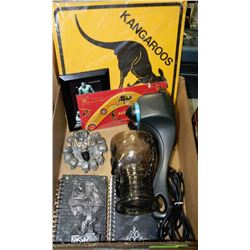 BOX W/SKELETON COLLECTIBLES, MASSAGER,