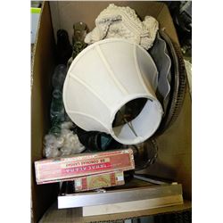 BOX OF MISC INCLUDING BOTTLES, LAMP & MORE