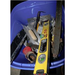 BLUE TUB WITH DRYWALL AND ASST TOOLS