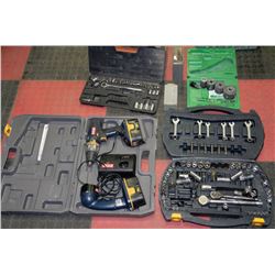LARGE GREEN CRATE W/MISC TOOLS - DRILLS,
