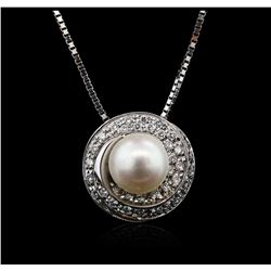 14KT White Gold Pearl and Diamond Pendant With Chain