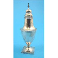A George III silver caster of baluster form with square foot, 6.75 ins. Makers Peter and William...
