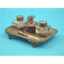 An Old Sheffield plate double inkstand with two associated wells....
