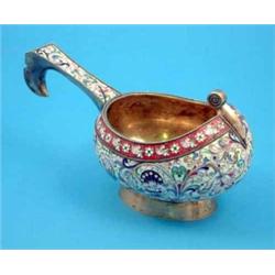 A Russian 84 zolotnik and cloisonné kovsh of large size with flower and foliage decoration, 10 in...