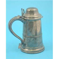 An Old Sheffield plate tankard with domed lid, twin loop thumbpiece and scroll handle....