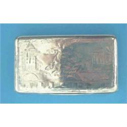 A 19th century Russian 84 zolotnik snuff box engraved with a town scene, dated 1833, 3 ins....