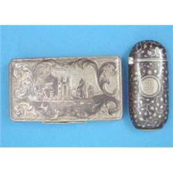 A Russian 84 zolotnik and niello snuff box decorated with a view of a port, dated 1846, 2.5 ins....