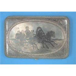 A Russian 84 zolotnik and niello cigarette case decorated with a troika, 4 ins....