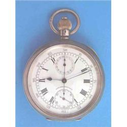 An Omega silver keyless pocket chronograph with enamel dial, 1909....