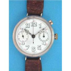 A gentleman's silver Montbrillant military chronograph with single button and enamelled Arabic di...