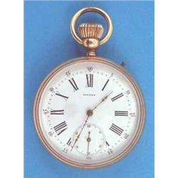 A rolled gold keyless pocket watch with enamelled Roman dial....