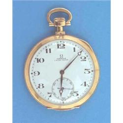 An 18ct gold Omega keyless dress watch with enamelled dial with subsidiary seconds....