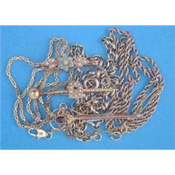 Three 9ct gold fancy link necklets, and 3 gold brooches set pearls and turquoises...