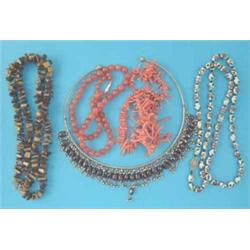 Five various necklaces, including branch coral, tigers eye and cloisonné beads...