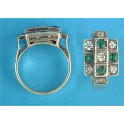 A Continental gold ring, the rectangular bezel set diamonds and green pastes...
