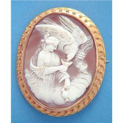 A Victorian shell cameo brooch, carved with a study of Ganymede, in a gold rub over frame with be...
