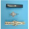 Image 1 : A platinum set 5-stone diamond flowerhead ring, a gold knot bar brooch set with a pearl and 1 oth...