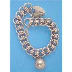 A 9ct gold fancy link flexible bracelet, with padlock clasp and attached engraved gold spherical...