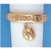 Image 1 : A bloomed gold hinged bangle, with attached memorial locket and rose cut diamond inscription 'In...
