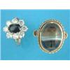Image 1 : A 9ct gold ring, set with a cabochon banded agate, together with a cluster dress ring set sapphir...