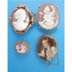 A Victorian shell cameo brooch, carved with a classical female profile, in gilt metal scrolled fr...