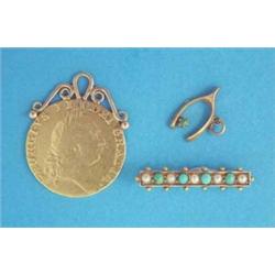 A George III spade guinea, (pendant mount) a Victorian gold bar brooch set turquoises and split p...