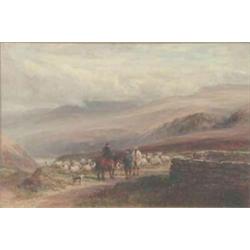 Charles Thomas Burt (1823-1902) oil on canvas, Traveller and shepherds in a highland landscape, S...