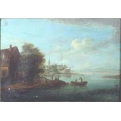 18th Century Dutch School oil on wooden panel, Estuary with fishermen and buildings, 8 x 11.5 ins...