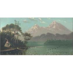 Canadian School oil on canvas, Landscape with canoe and bivouak, 14 x 27 ins....