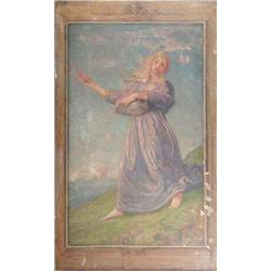 Follower of Walter Crane Unframed oil on wooden panel, Maiden spreading petals on a hillside, Ins...