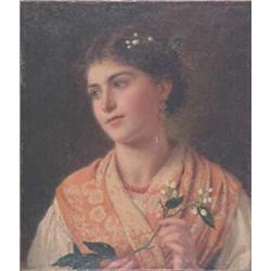 Sophie Anderson (1823-1903) oil on canvas, Maiden holding orange blossom, Signed, 14 x 12 ins....