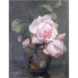 Kate Wylie (Exh. 1902-40) oil on board, Still life of roses in a glass vase, Signed, 11 x 8.5 ins...