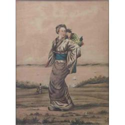 English School circa 1890. ink and watercolour, Japanese mother and infant, estuary beyond, Initi...