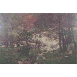 George Houston (1869-1947) unframed oil on canvas, Waterfall in woodland, signed, 24 x 36 ins....