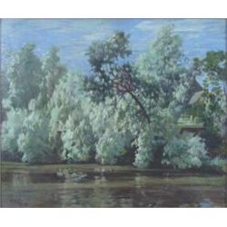Robert Noble (1857-1917) oil on canvas, Riverside trees, a church beyond, signed and dated '96, 2...