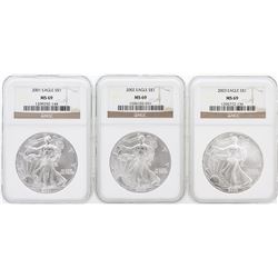 3 Coin Set 2001-2003 Silver Eagle Coins NGC MS69